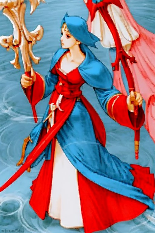 final fantasy character concept <lora:finfan:0.7> finfan, anime girl cleric in red and white robe, holding a shepherds sta...